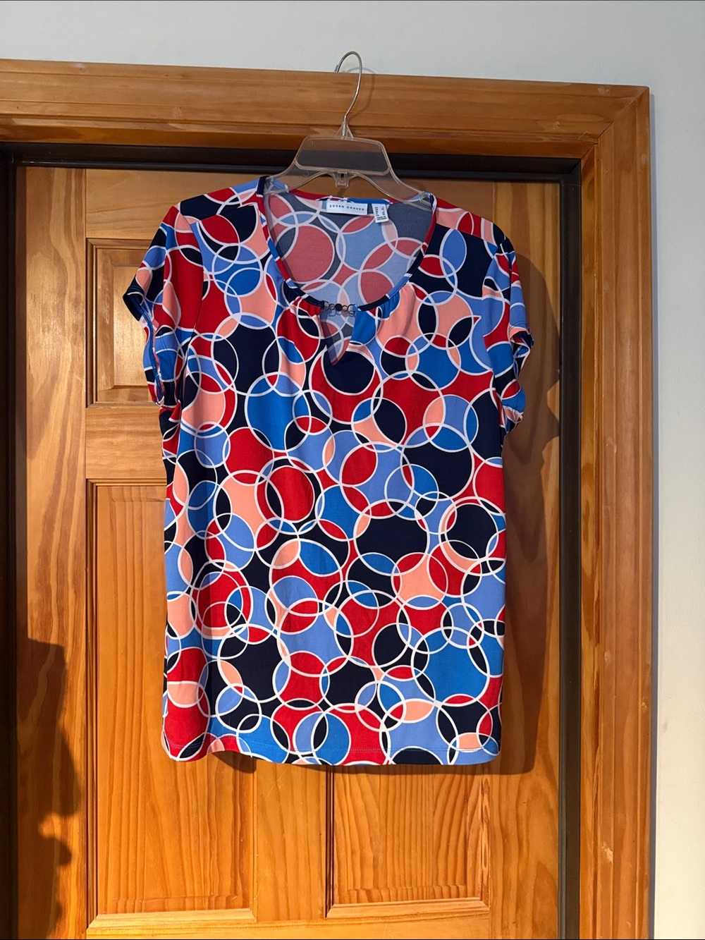 Susan Graver Red, Navy & Blue Circular Print Short Sleeve Top